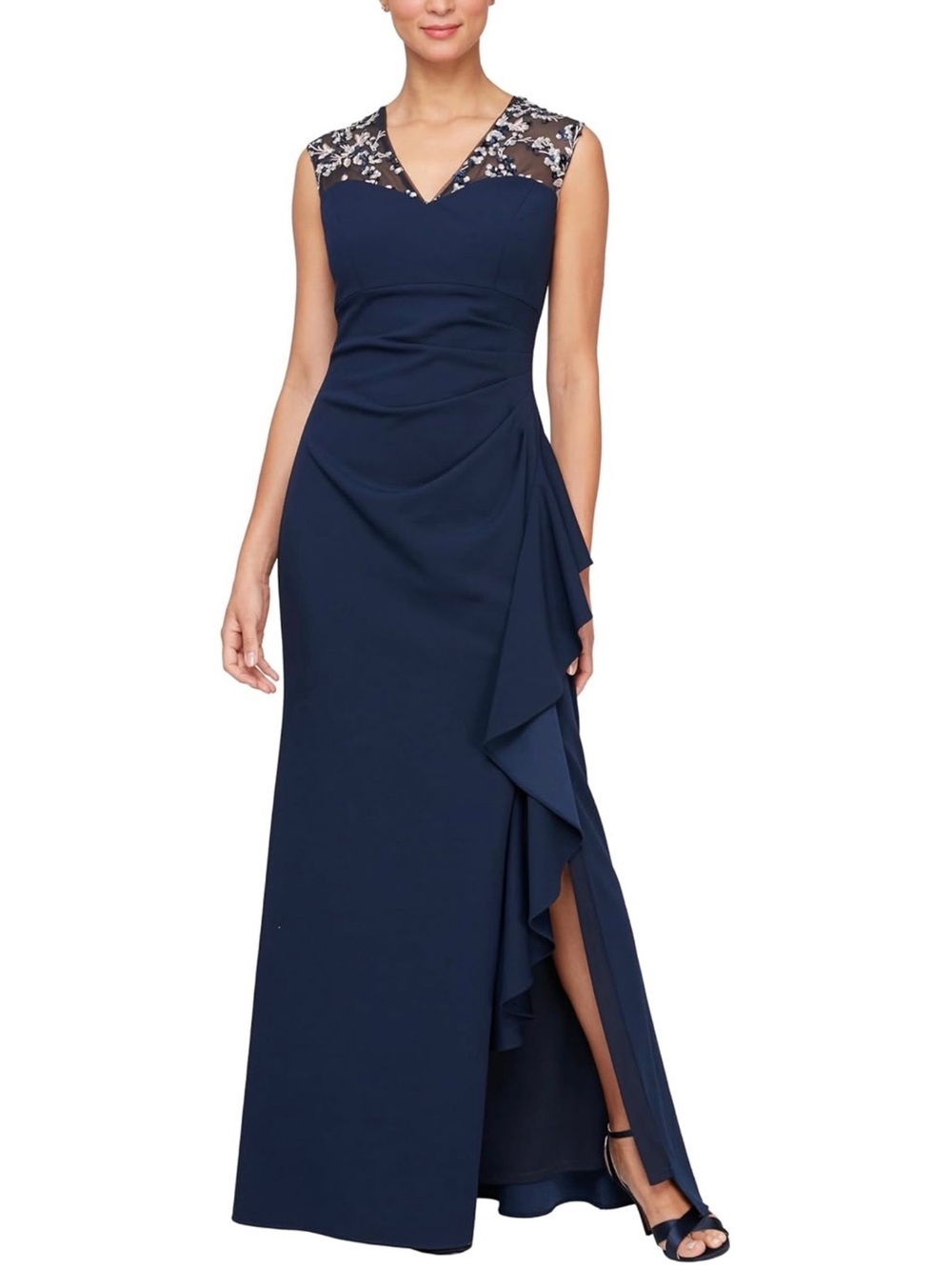 NWT Alex Evenings Long Column Maxi Dress Gown - Navy Blue/Pink Floral Size 10